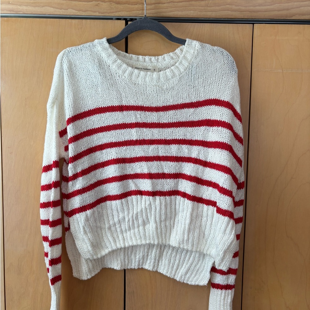 moon & madison Cream Sweater with Red Stripes